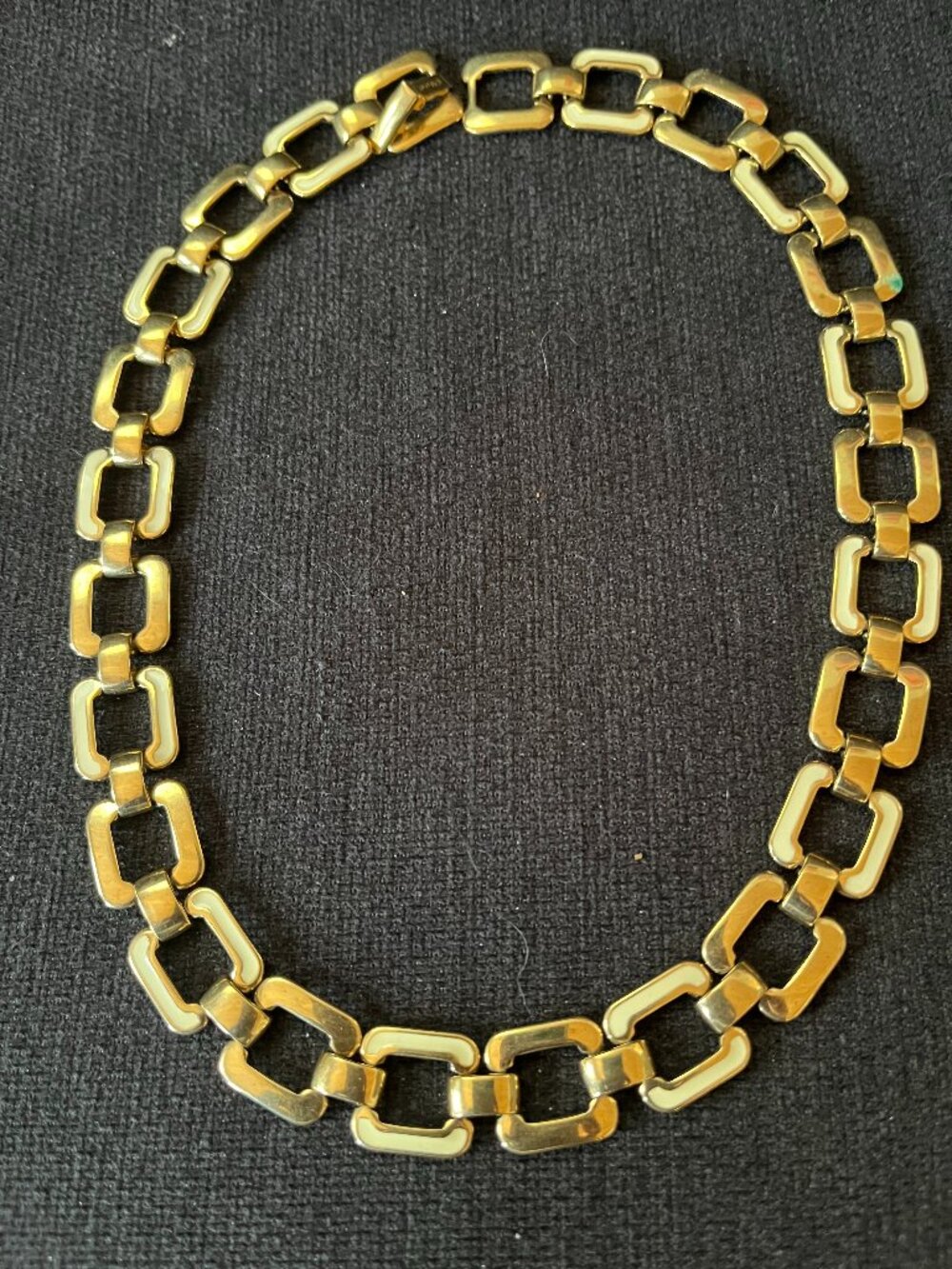 Vintage Signed MONET Gold Tone White Enamel Flat Square Link Choker Chain Neckla